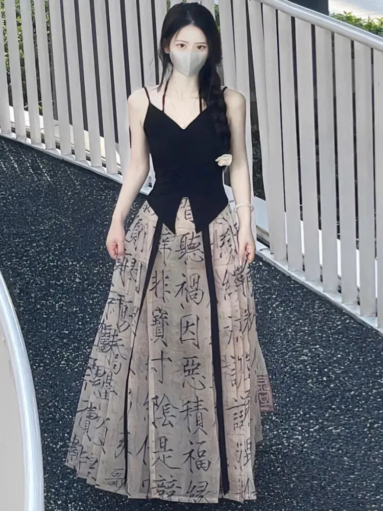 summer style dress Chinese characters horse skirt  ankle women's daily new Chinese calligraphy  improved Hanfu daily wear