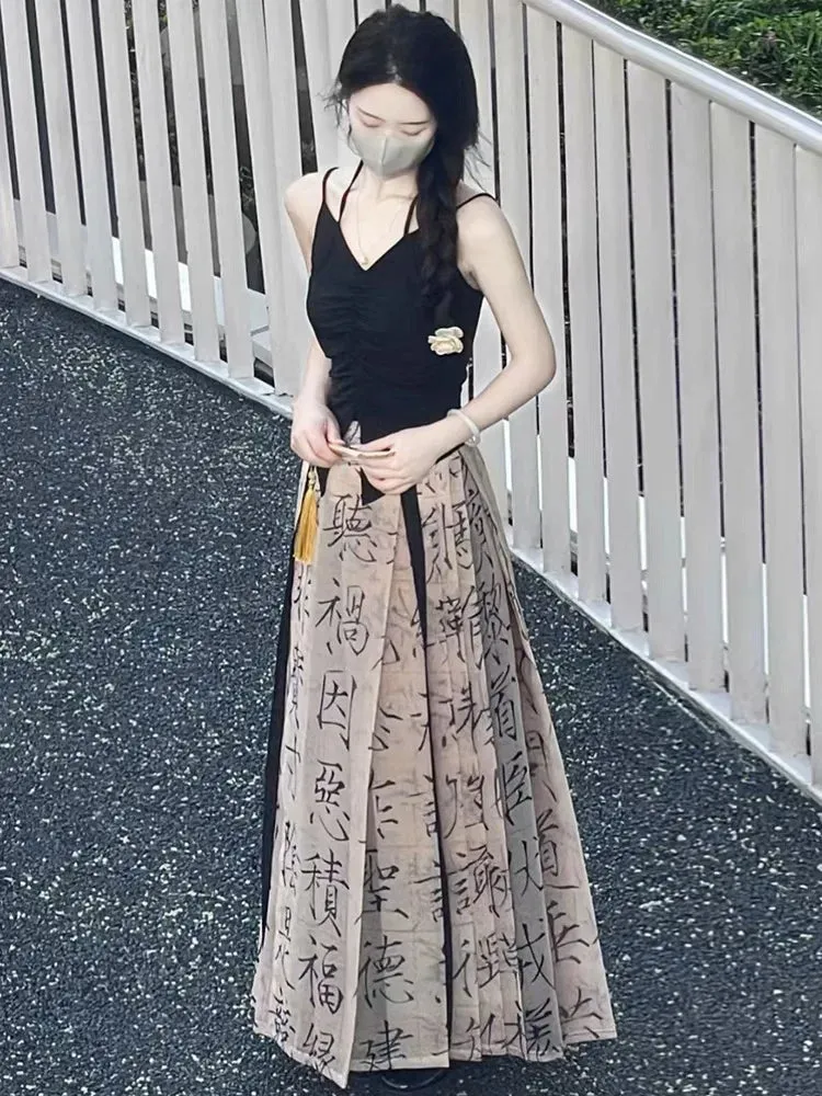summer style dress Chinese characters horse skirt  ankle women's daily new Chinese calligraphy  improved Hanfu daily wear