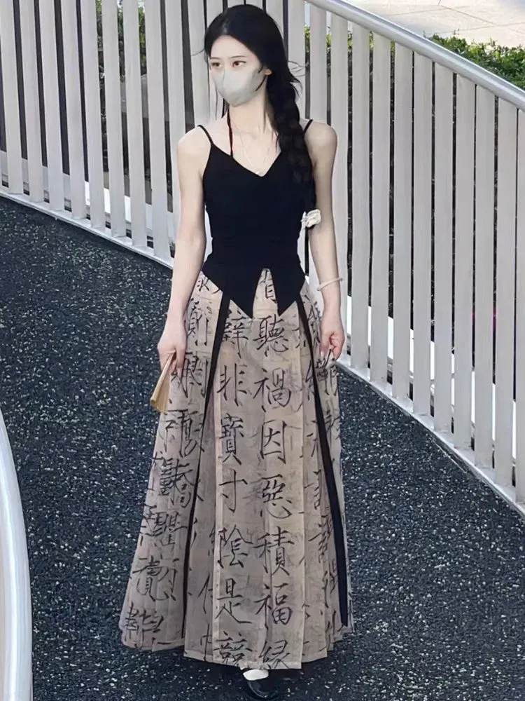 summer style dress Chinese characters horse skirt  ankle women's daily new Chinese calligraphy  improved Hanfu daily wear