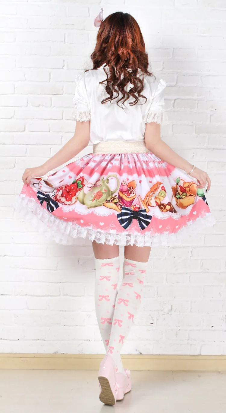 Sweet Pink Afternoon Tea Party Lovely Printed Lace Lolita Short Skirt with Bow for Girl