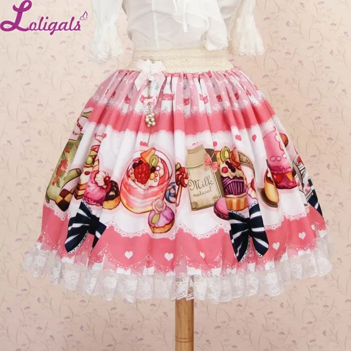 Sweet Pink Afternoon Tea Party Lovely Printed Lace Lolita Short Skirt with Bow for Girl
