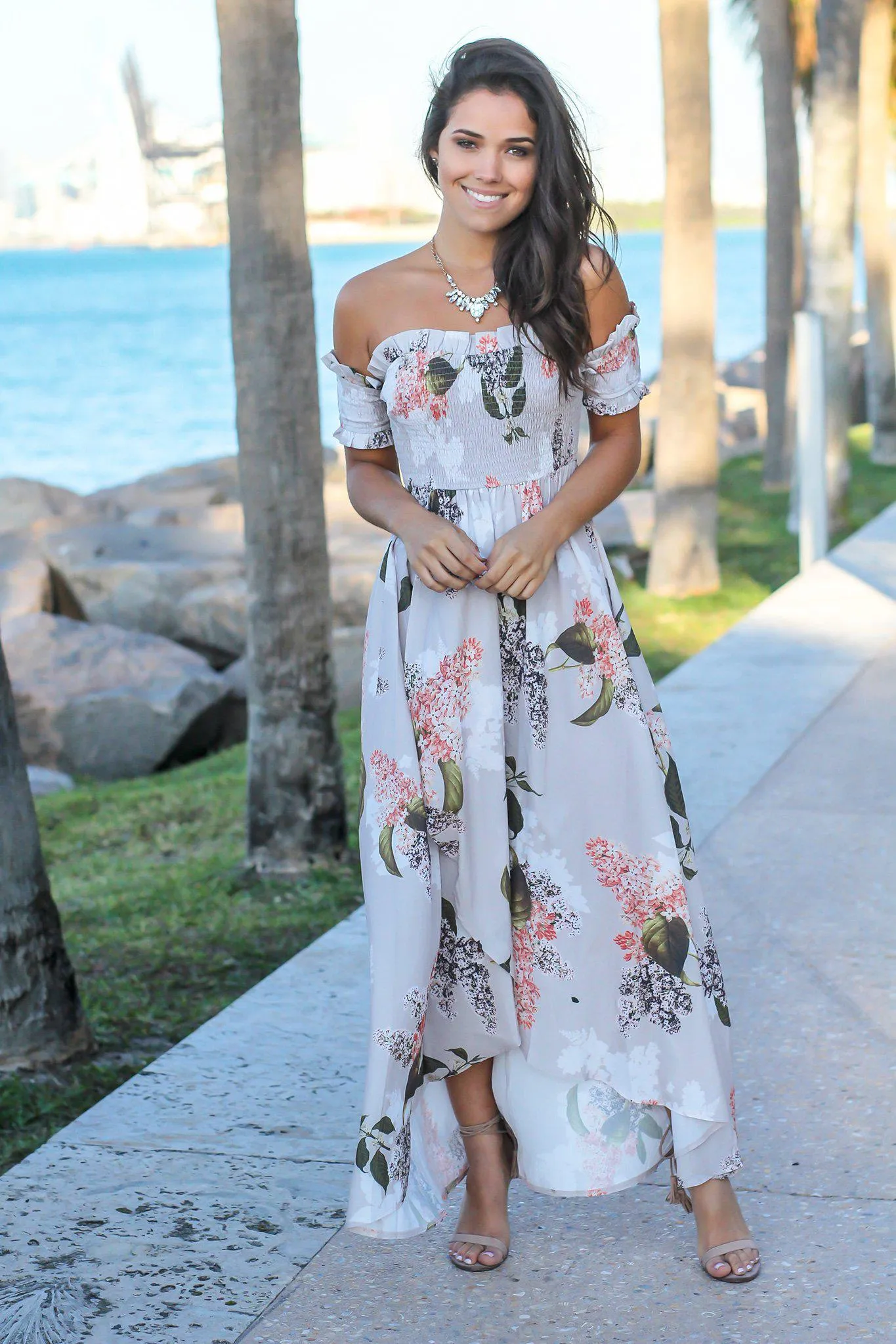 Taupe Floral Off Shoulder Wrap Dress
