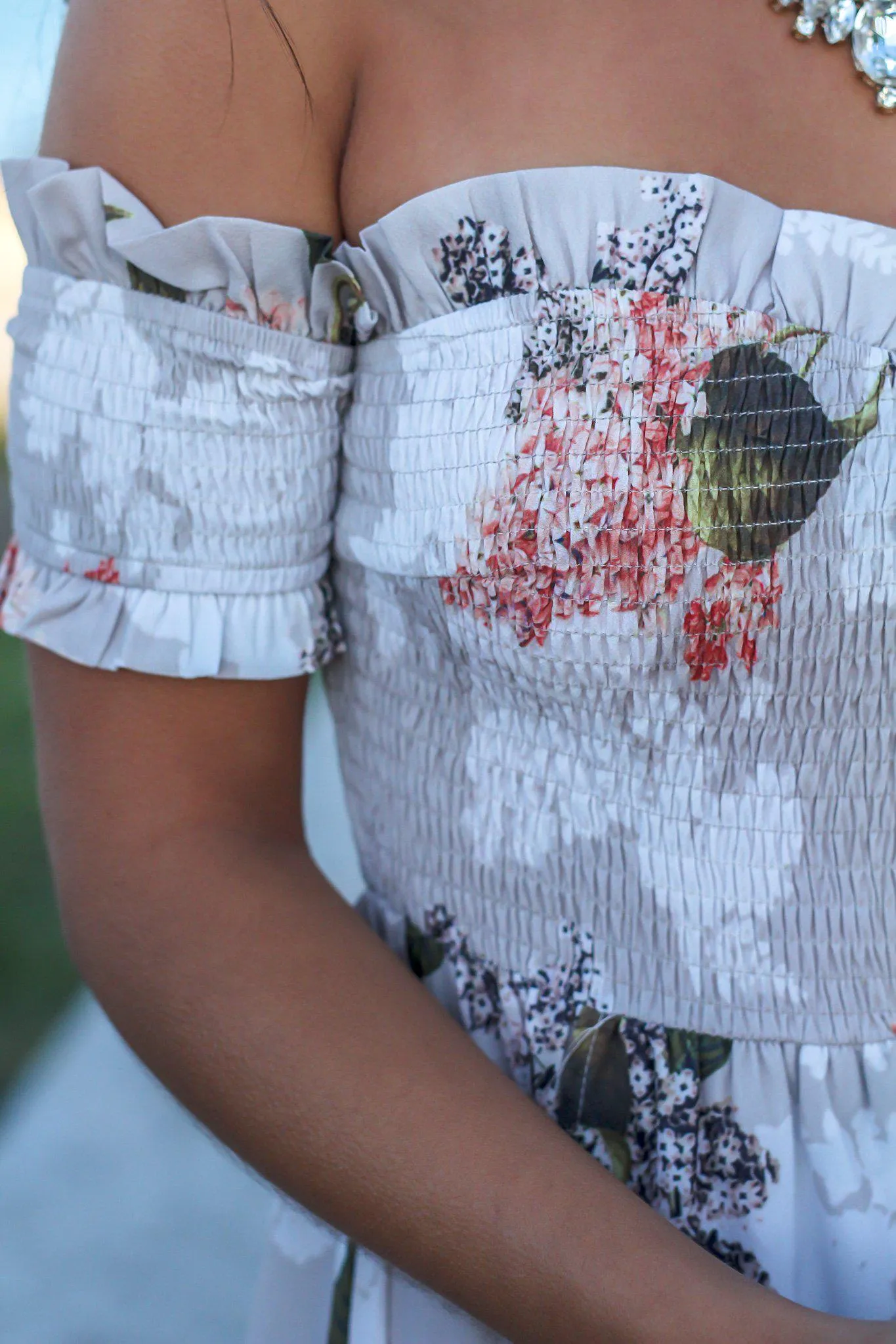 Taupe Floral Off Shoulder Wrap Dress