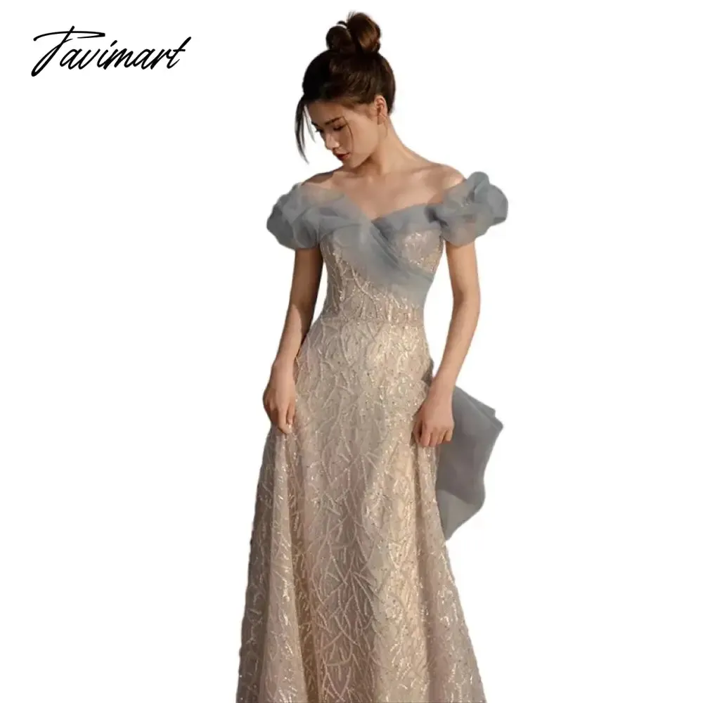 TAVIMART -  Temperament Celebrity Dresses Haze Blue Off Shoulder Sweetheart Sequins Beading A-line Trail Formal Party Prom Evening Gowns New