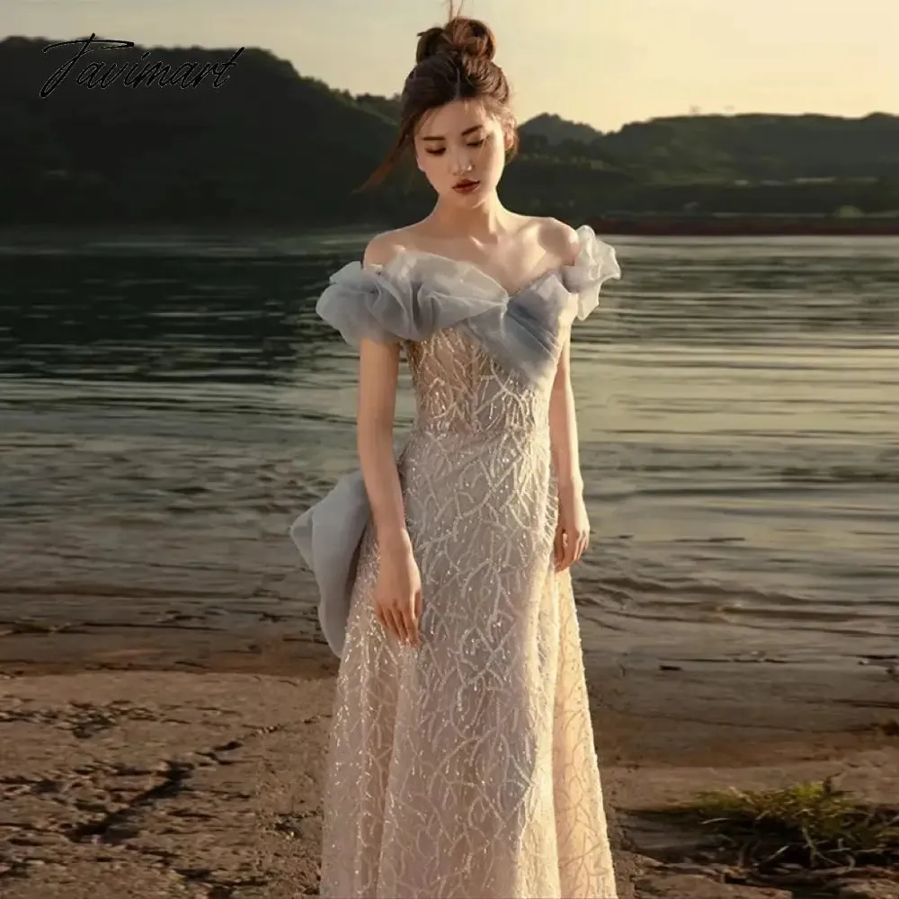 TAVIMART -  Temperament Celebrity Dresses Haze Blue Off Shoulder Sweetheart Sequins Beading A-line Trail Formal Party Prom Evening Gowns New