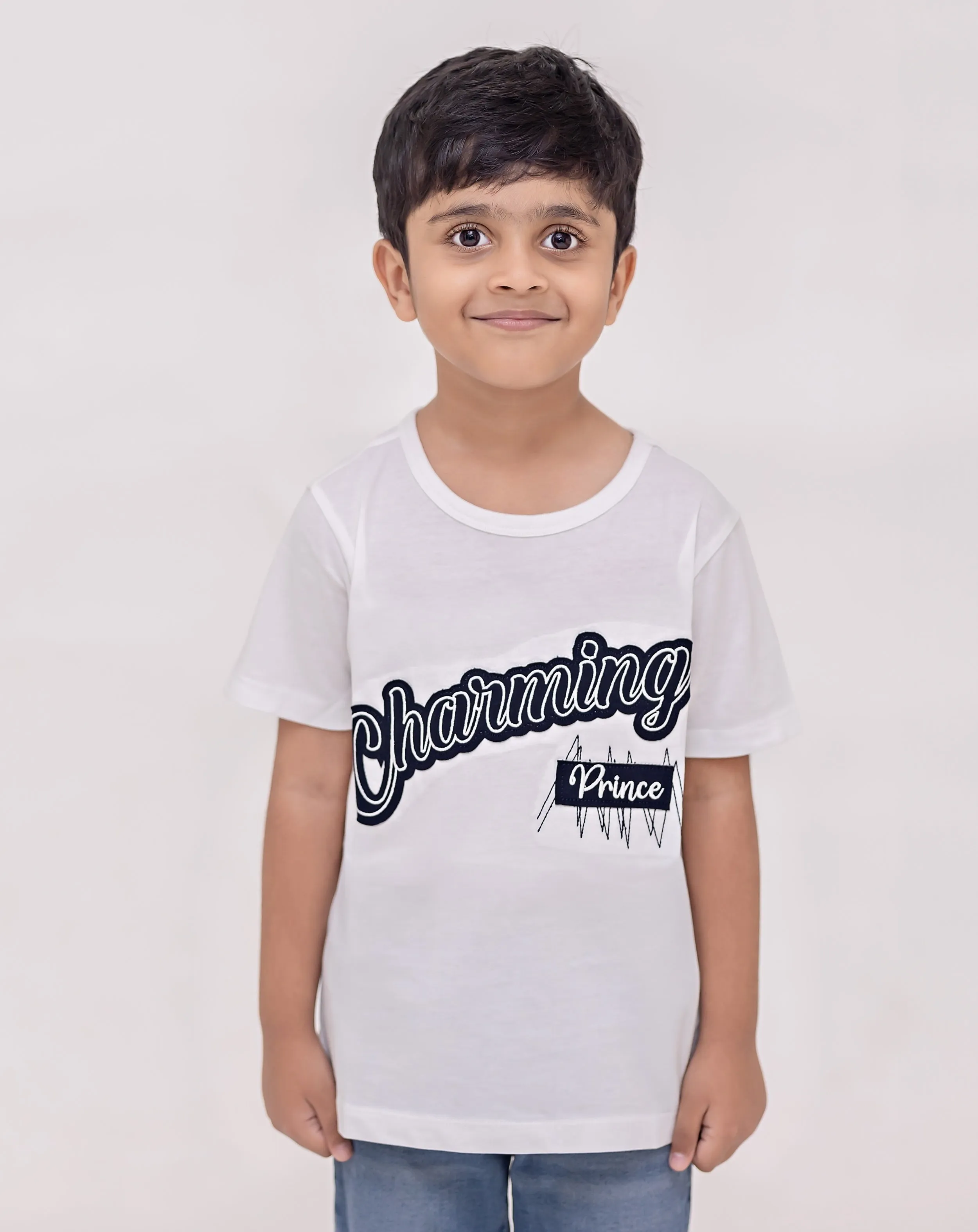White Cotton Embroidered Half Sleeves Tshirt
