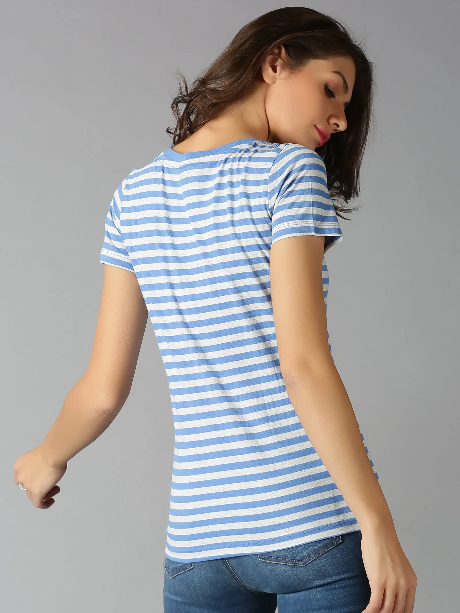 Women Blue Stripes V Neck Casual T-Shirt