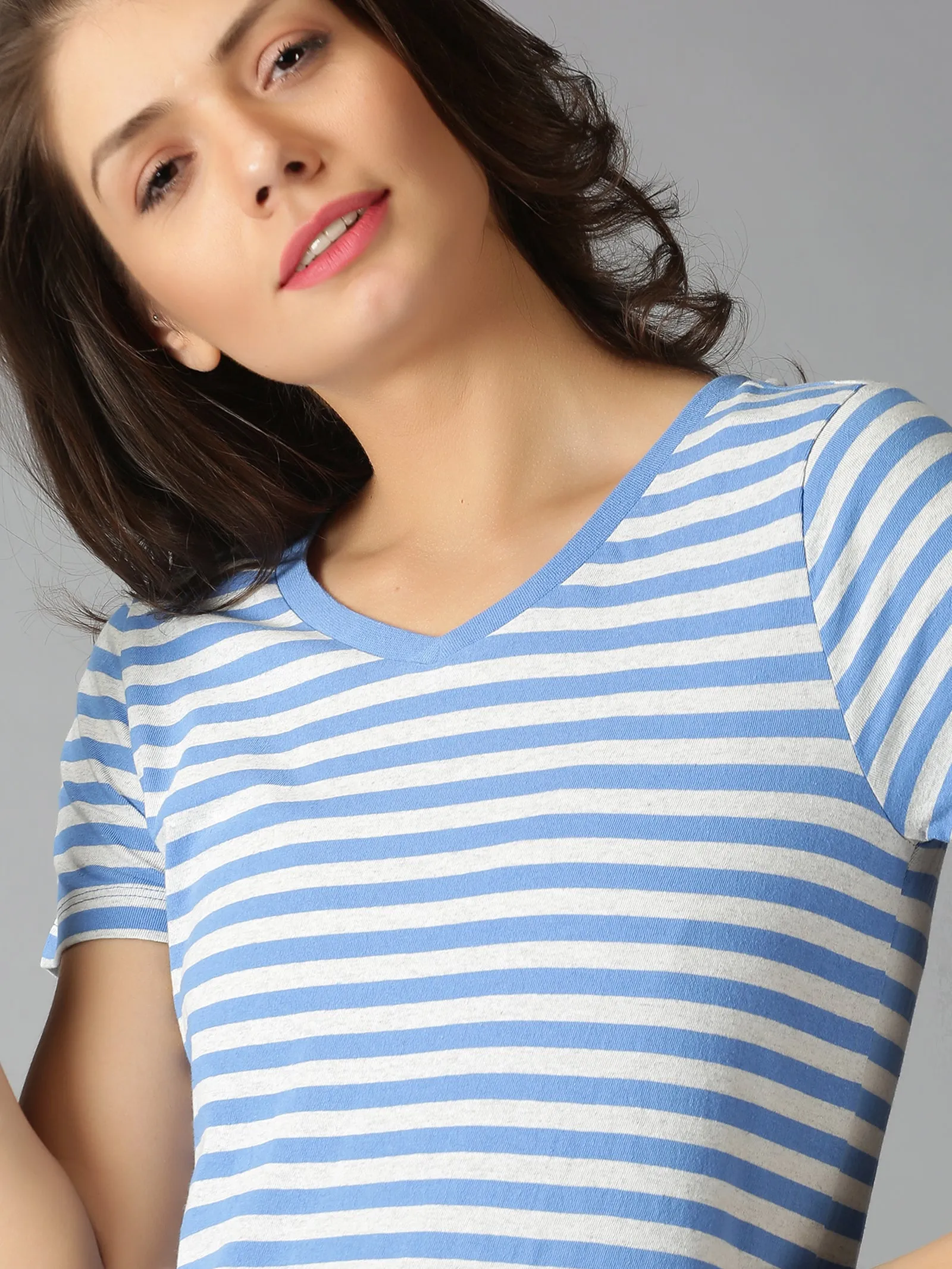Women Blue Stripes V Neck Casual T-Shirt