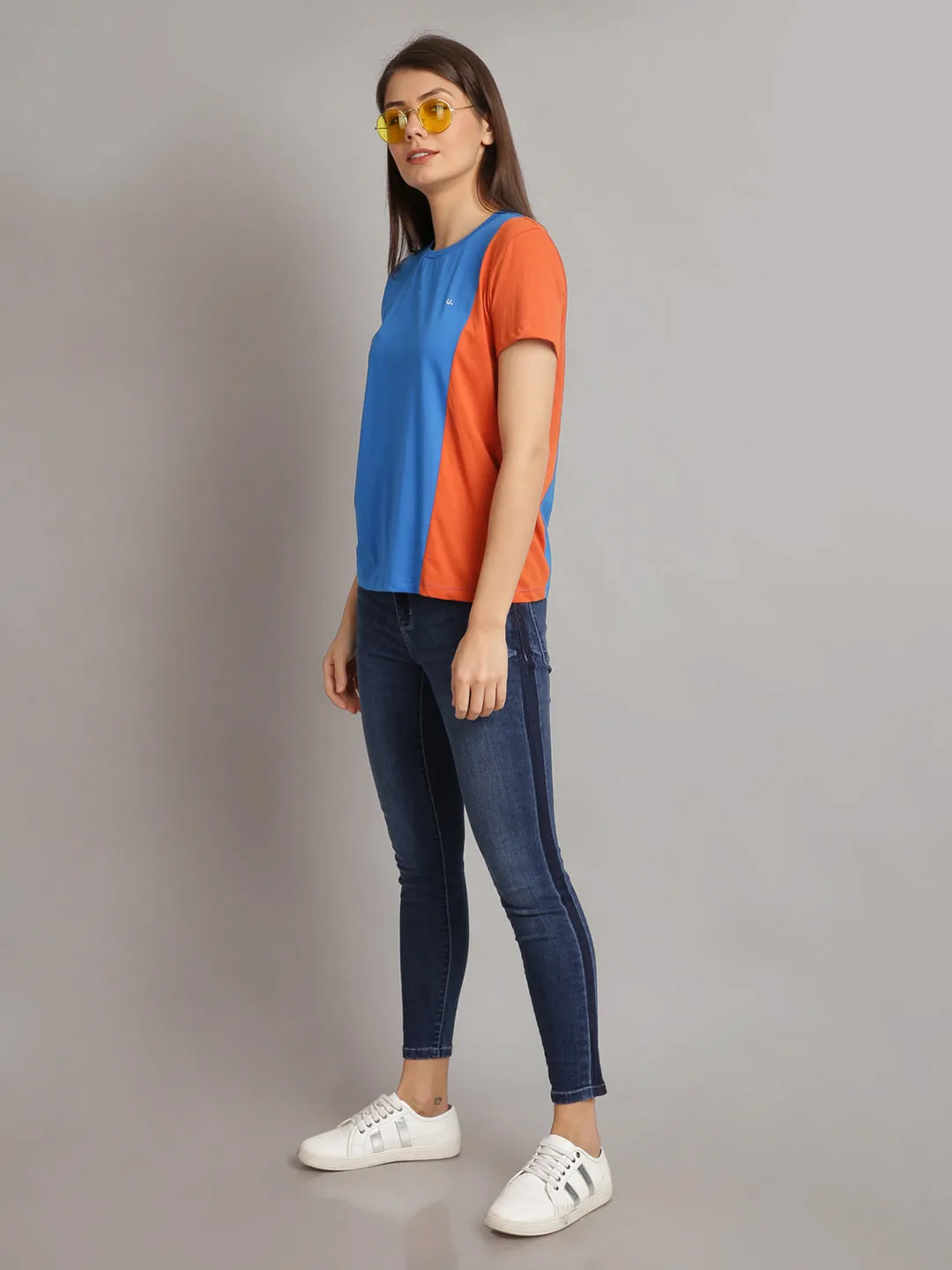 Women Sky Blue & Orange Cotton Round Neck T-shirt