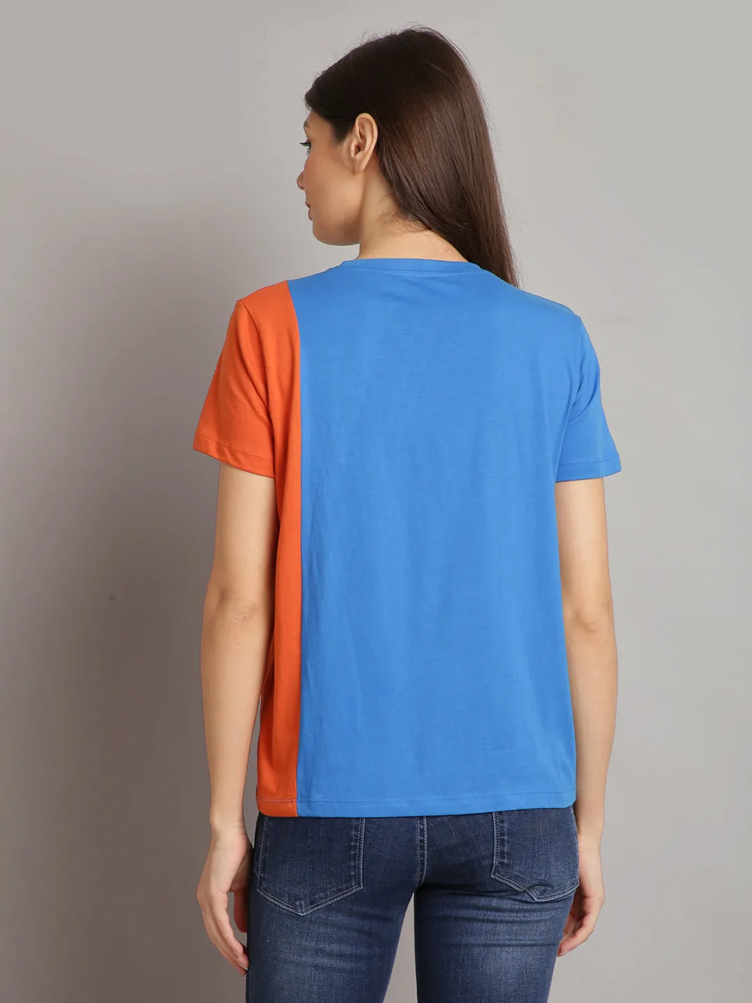 Women Sky Blue & Orange Cotton Round Neck T-shirt