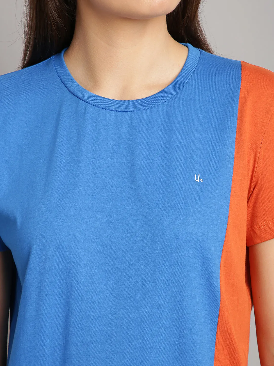 Women Sky Blue & Orange Cotton Round Neck T-shirt