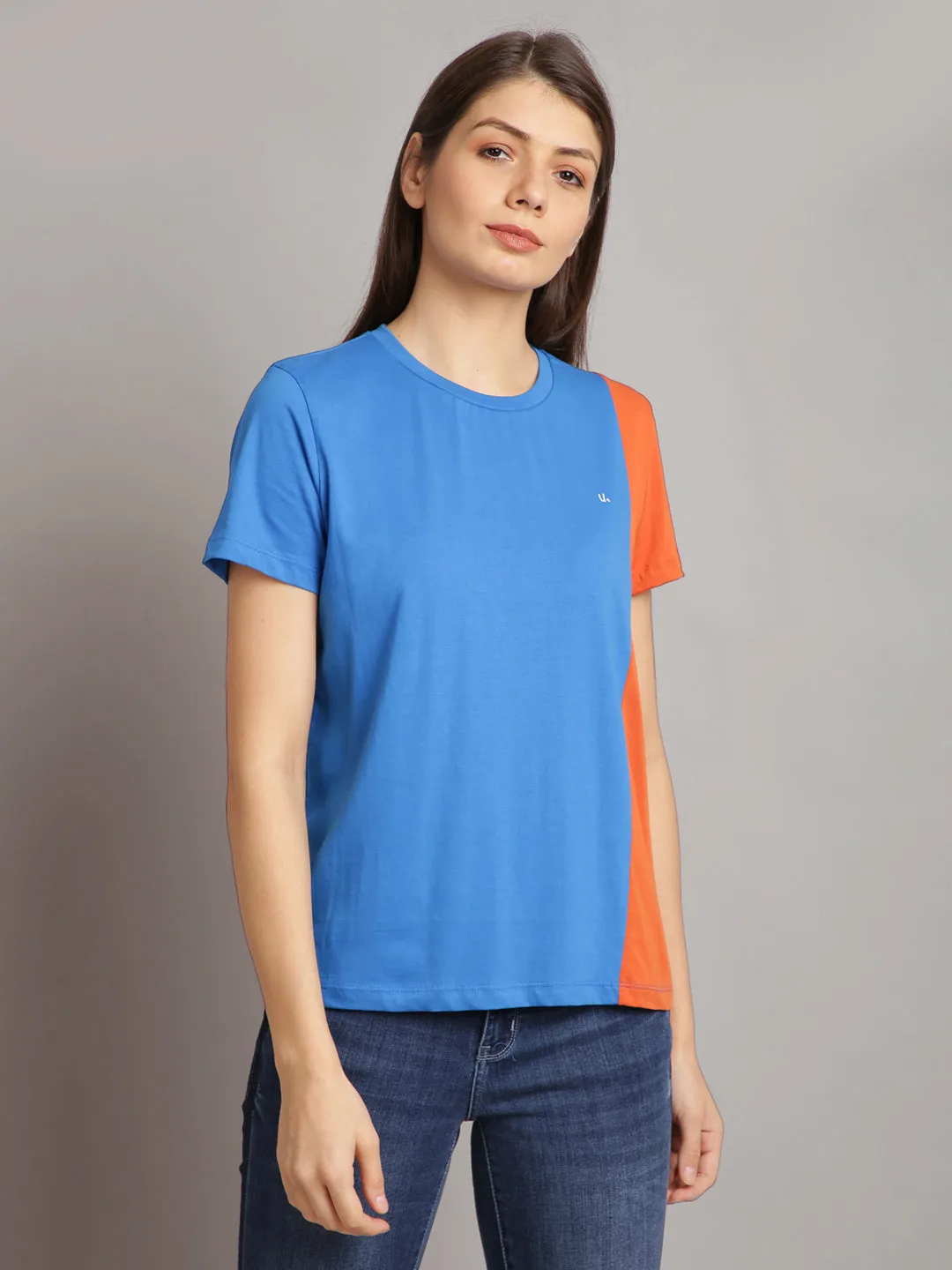 Women Sky Blue & Orange Cotton Round Neck T-shirt