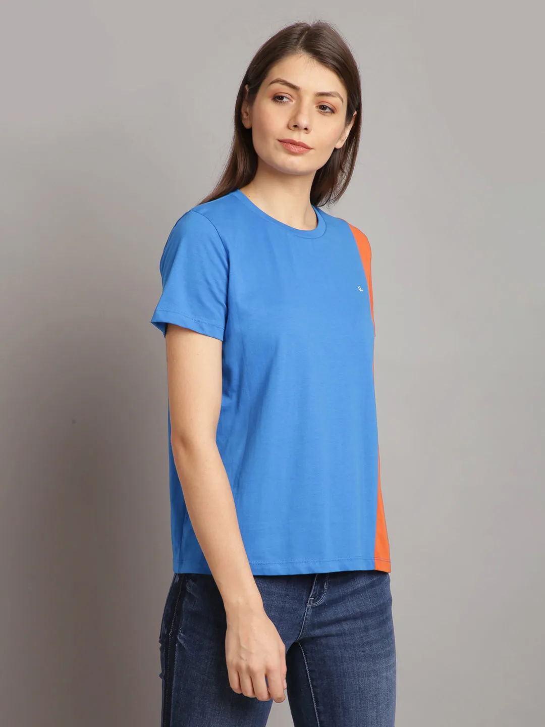 Women Sky Blue & Orange Cotton Round Neck T-shirt