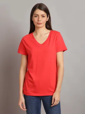 Women Solid Red Cotton V-Neck T-shirt