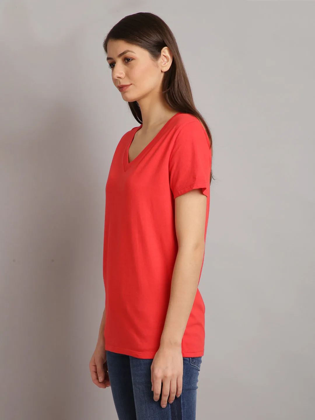 Women Solid Red Cotton V-Neck T-shirt