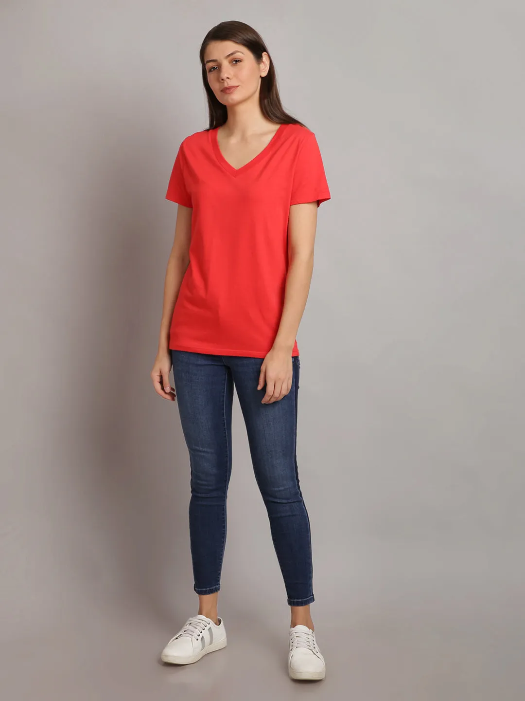 Women Solid Red Cotton V-Neck T-shirt