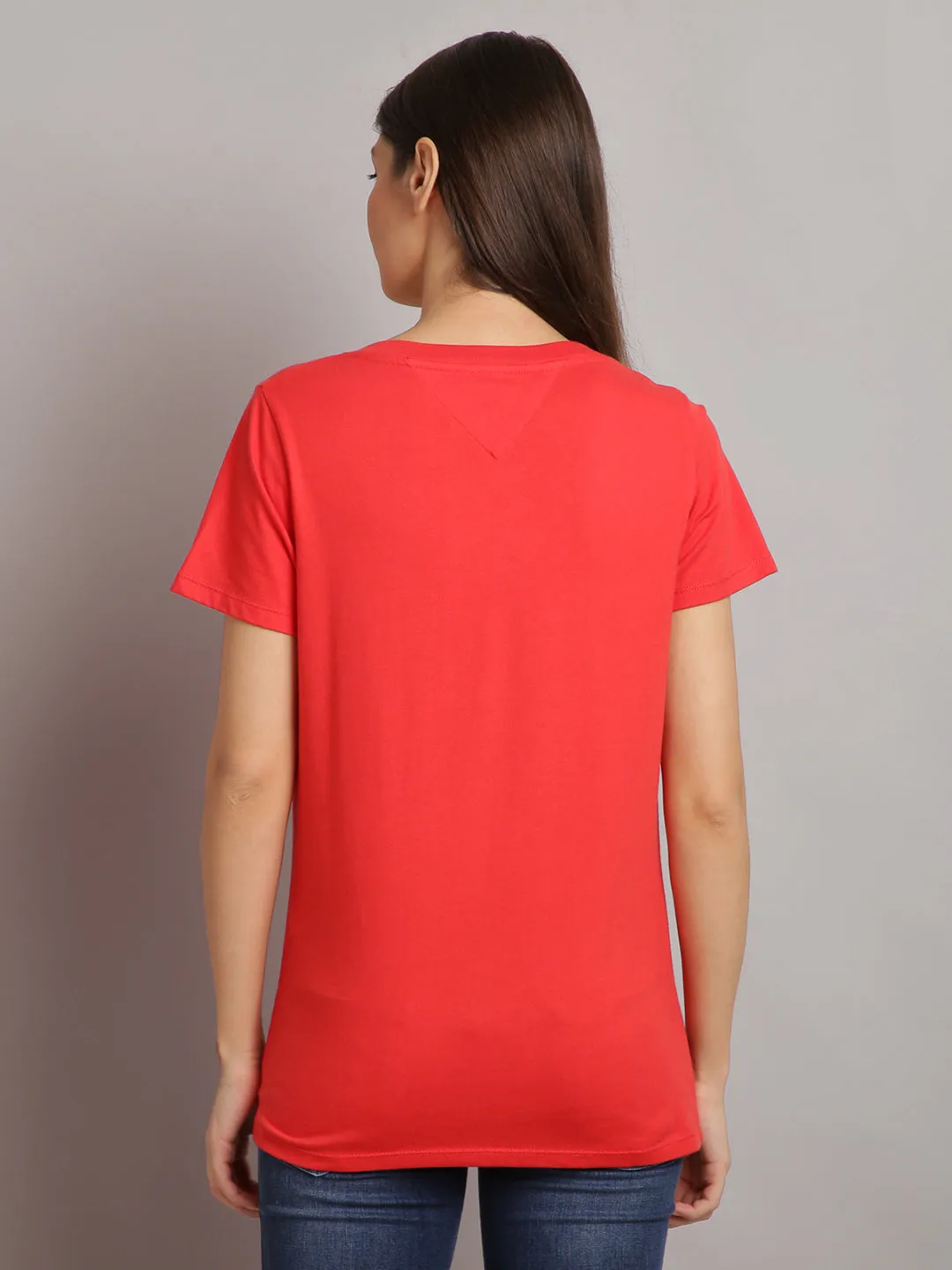 Women Solid Red Cotton V-Neck T-shirt